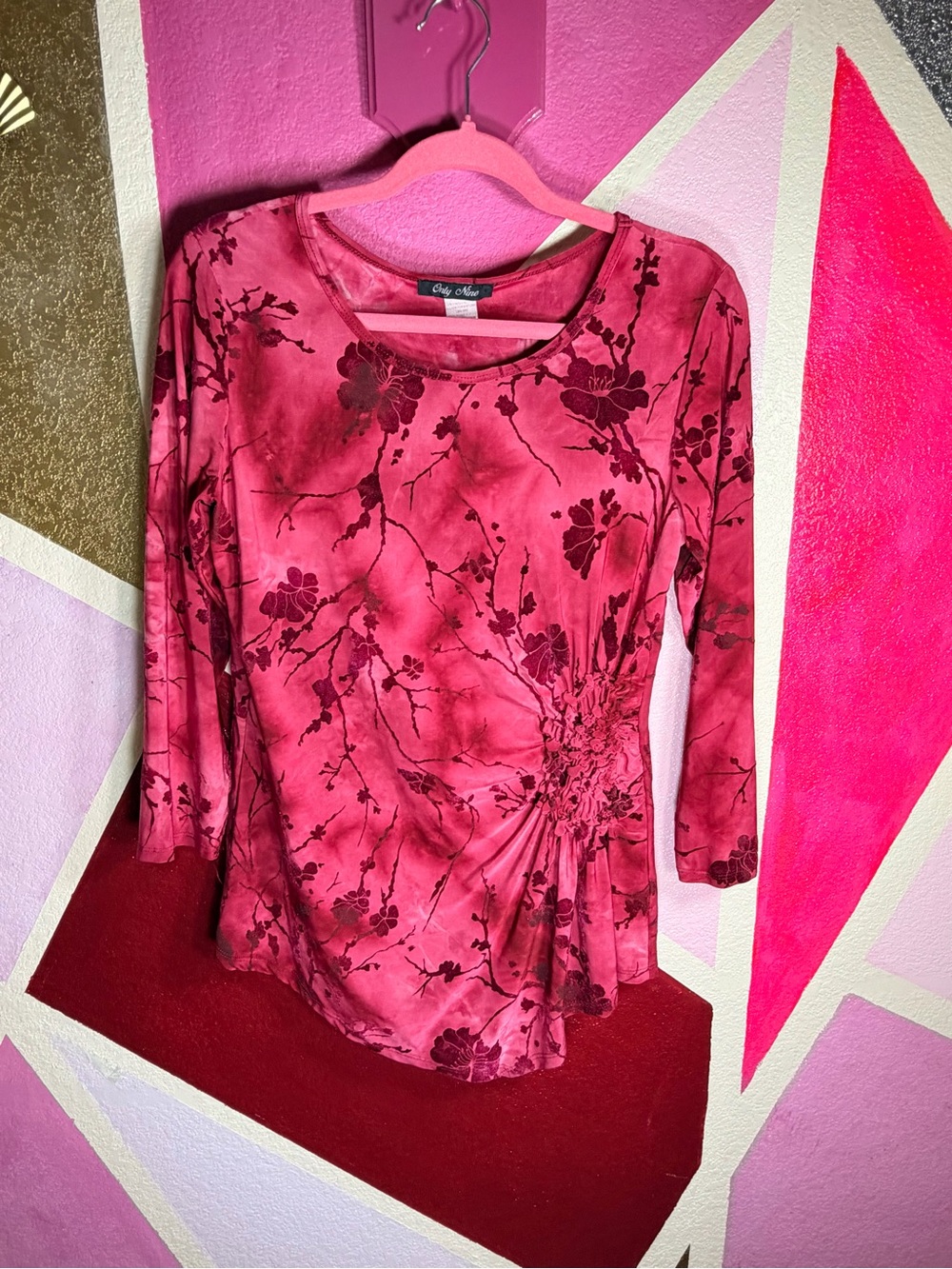 Only Nine Burgundy Floral Burnout Top Size M/L Ruched Waist Long Sleeve